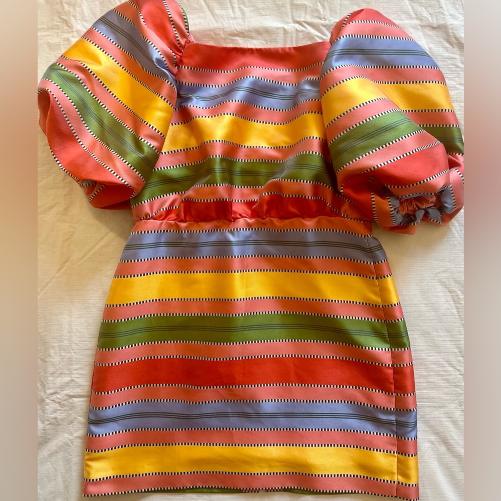 Antonio Melanie- The Nat Note Nell Striped Jacquard Short Puffed Sleeve Dress - Picture 2 of 3